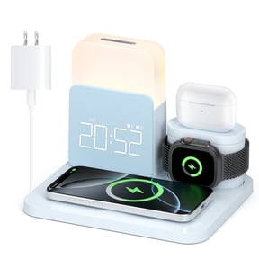 Wireless Charging Station 7 in 1 Compatible for iPhone Pro Max/Smartphones & Apple Watch & AirPods with Alarm Clock, Night Light Blue