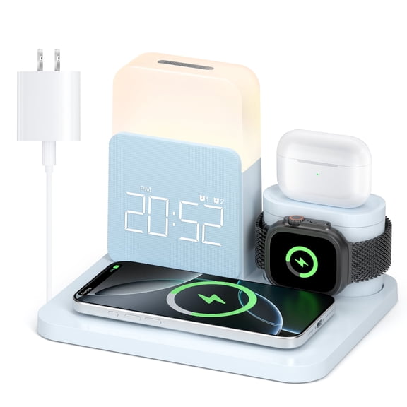 Wireless Charging Station 7 in 1 Compatible for iPhone Pro Max/Smartphones & Apple Watch & AirPods with Alarm Clock, Night Light Blue