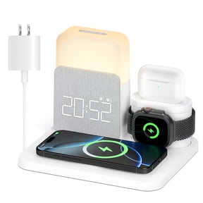 Wireless Charging Station 7 in 1 Compatible for iPhone Pro Max/Smartphones & Apple Watch & AirPods with Alarm Clock, Night Light White