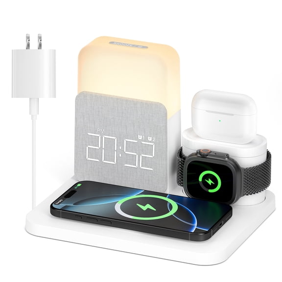 Wireless Charging Station 7 in 1 Compatible for iPhone Pro Max/Smartphones that support wireless charging., Apple Watch & AirPods with Alarm Clock, Night Light White