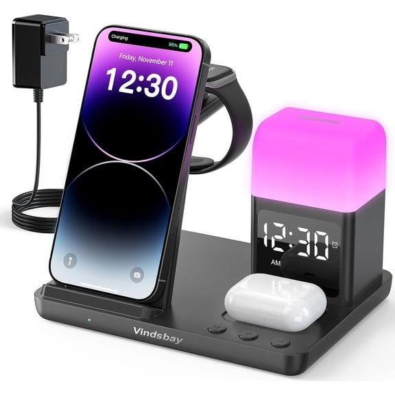 Wireless Charging Station Alarm Clock with 8 Touch Night Lights: 5 in 1 Charger Stand for Devices - Dock iPhone 17 16 15 14 13 12 Pro Max Plus/ Watch/AirPods, Dimmable