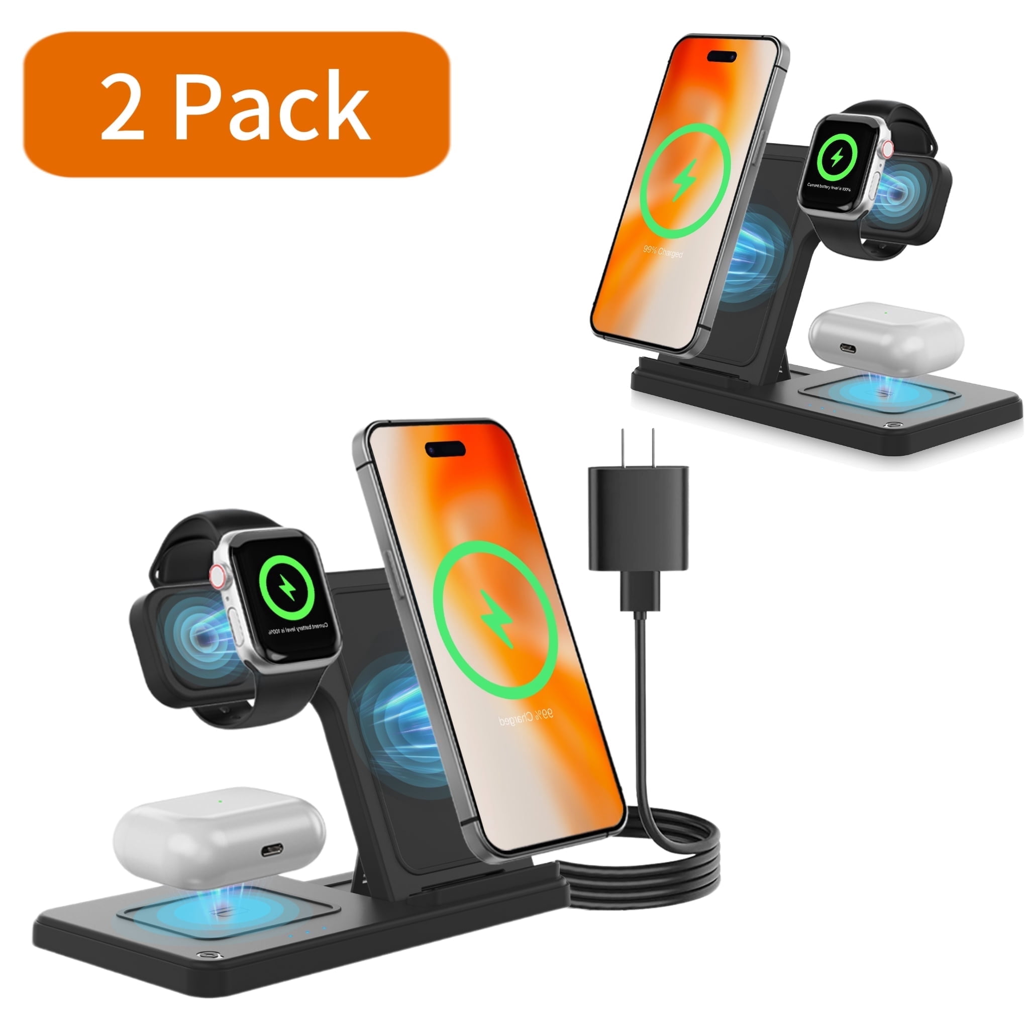 Wireless Charging Station,Amstech 3 in 1 Magnetic Fast Charger for iPhone 16 15 14 13 12 11 Pro Max Plus XS XR SE X 8,Wireless Charger for Apple Watch Series, For AirPods 3 2 Pro Black(2PK)