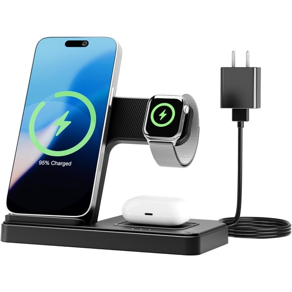 Wireless Charging Station for Devices: 3 in 1 Foldable Qi Compact Case-Friendly Charger Stand iPhone 17-12 & Watch AirPods Dock Travel Home Office Desk Nightstand(Blcak)