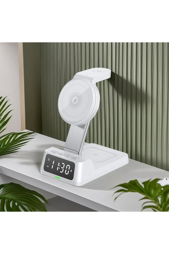 Wireless Charging Station with Digital Alarm Clock - 15W Fast Charger Stand for iOS, Android Phone, Smartwatch, and Headphones, Multi-Device Charging Pad