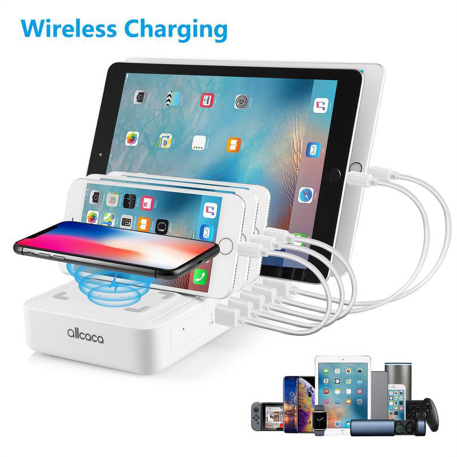 Wireless Charging Charging Station Dock & Organizer 5-Port USB Charging Station Dock Desktop with 1 Wireless Charging Pad 40W for Smartphones, Tablets & Other Gadgets - White - image 1 of 10