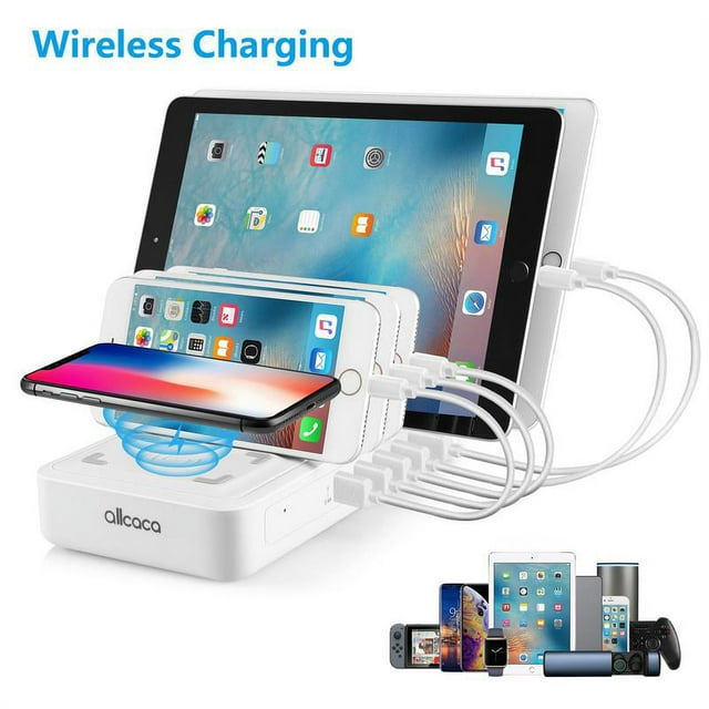 Wireless Charging Charging Station Dock & Organizer 5-Port USB Charging Station Dock Desktop with 1 Wireless Charging Pad 40W for Smartphones, Tablets & Other Gadgets - White