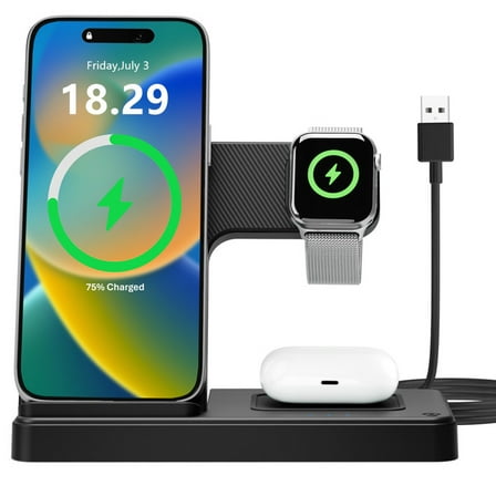 Charging Station,Wirelss Charger,Magnetic Charging Station Compatible with iPhone 17 16 15 14 13 12 11 Pro Max XS XR,for iWatch Series 9 8 7 6 5 4 3 2 SE,for AirPods 3 2 Pro,Black,No Adapter