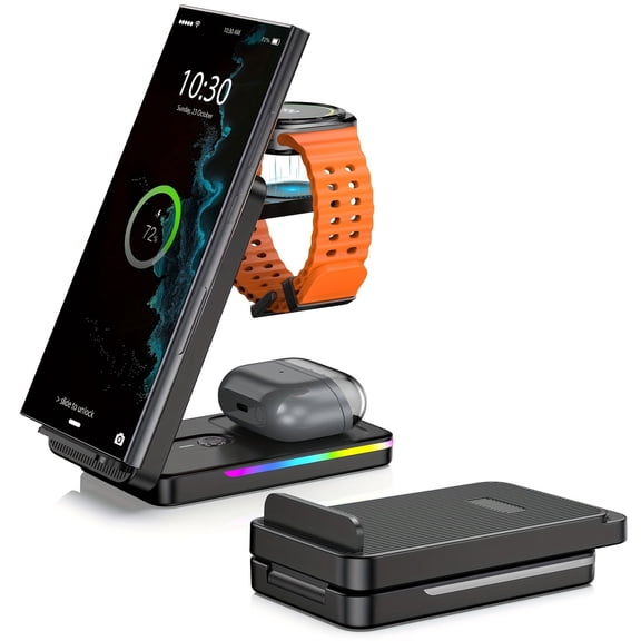 Wireless Charging Station For Samsung, 3 In 1 Foldable Wireless Charger For Samsung Galaxy S24 Ultra/S24/S23 Ultra/S22/Note 20/iPhone 16 Pro Max, Galaxy Watch Ultra/7/6/5/4/Buds (Travel Essentials)