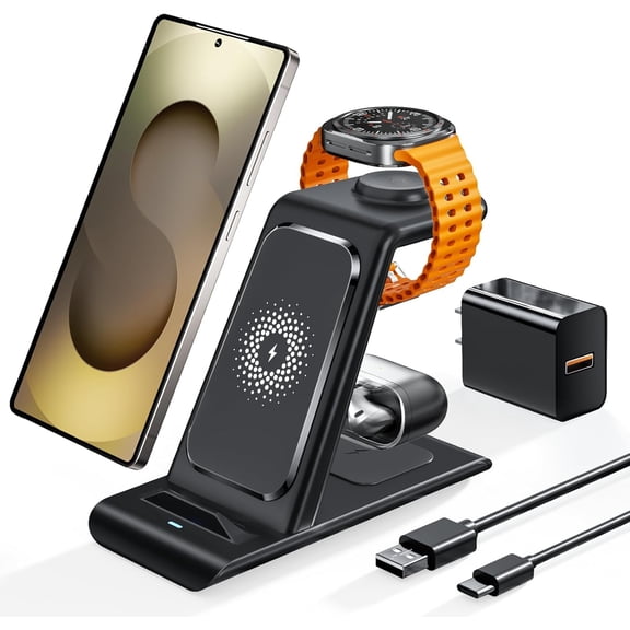 Wireless Charging Station for Samsung Galaxy Watch 8/7/6/5/4/3,S26 Ultra | Wireless Charger Samsung Phone Stand for Galaxy S25/S24/S23/S22/Note,Watch Ultra,Buds4/4 Pro/3/2 Pro/Live Multiple Devices