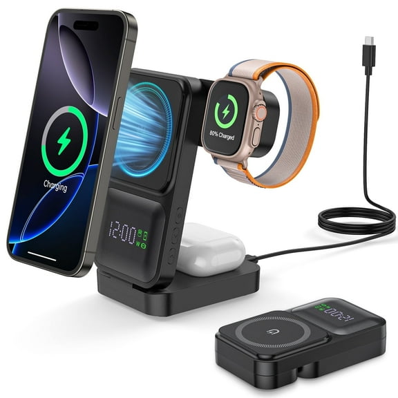 Cshidworld 3-in-1 Magnetic Wireless Charger, 18W Fast Travel Charging Station for iPhone 17/16/15/14/13/12 Pro Max Series - Foldable Charger Stand for iWatch Series 2-11 & AirPods 2 3 4 Pro