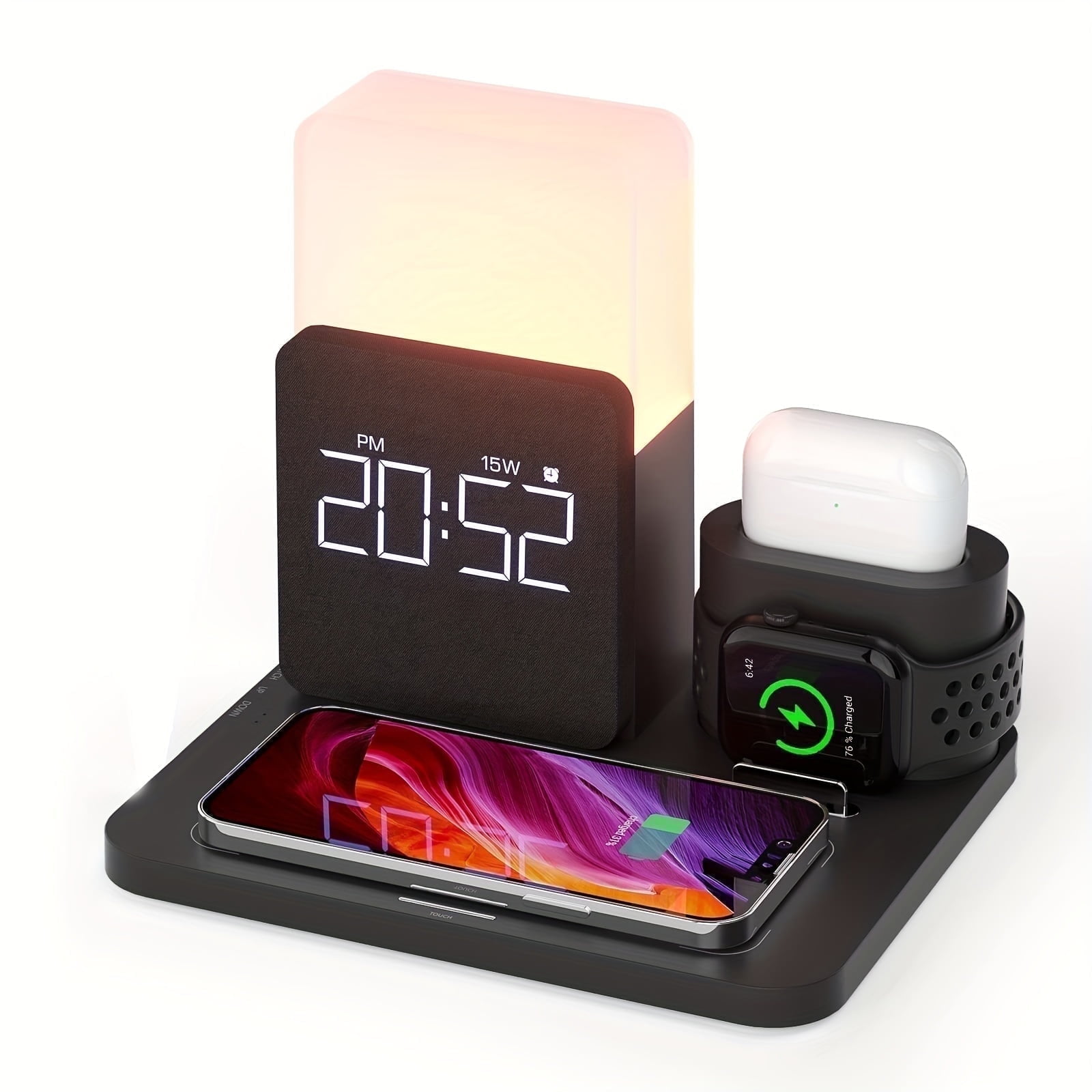 15W 3-in1 Wireless Charger Compatible iPhone 16/15/14/13/14, Apple Watch, AirPods – Fast Charging Dock w/Alarm Clock & Night Light Black