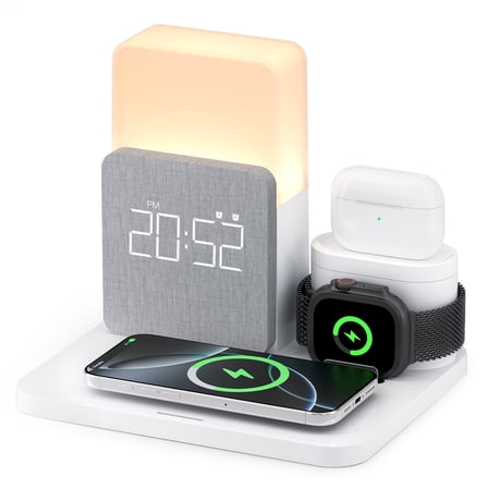 15W 3-in1 Wireless Charger Compatible iPhone 16/15/14/13/15, Apple Watch, AirPods – Fast Charging Dock w/Alarm Clock & Night Light White