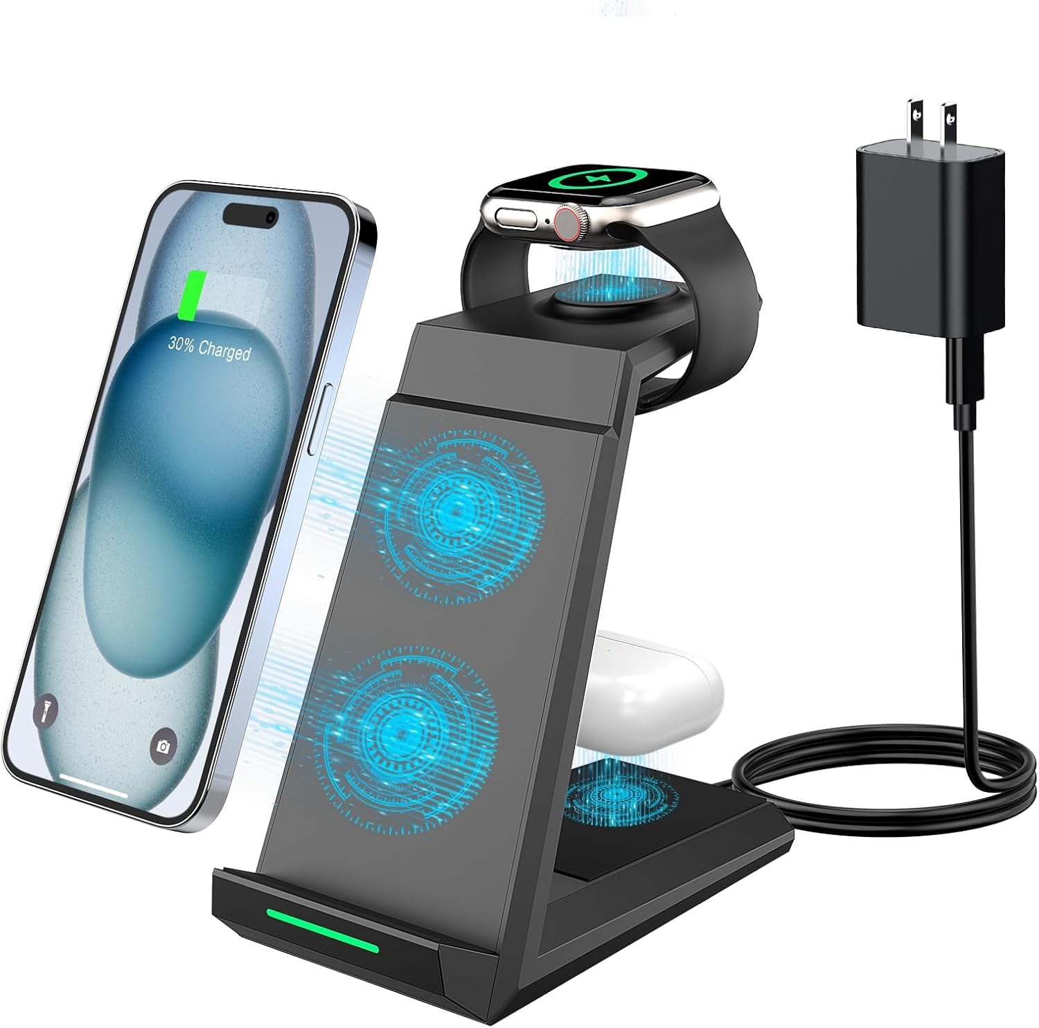 Wireless Charging Station for iPhone - MJMJ 3 in 1 Charger Stand for iPhone 17 16 15 14 13 12 11 Pro Max XR 8 Plus, for Apple Watch 8/7/SE/6/5/4/3/2, AirPods Pro/3/2(with 5ft Cable and 20W Adapter)