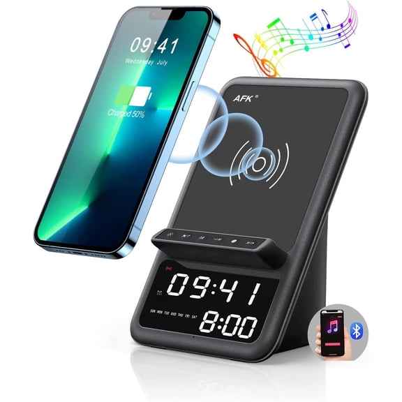 Wireless Charging Station with Bluetooth Speaker and Alarm Clock,Wireless Charger Compatible with iPhone,Android Phones(Black)
