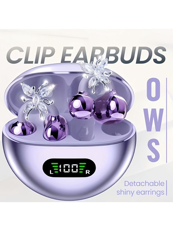 Wireless Clip-On Earbuds with Detachable Decorative Earrings, Bluetooth 5.4 In-Ear Headphones with Active Noise Cancellation
