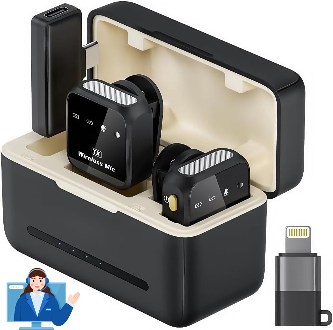 Wireless Clip-On Mic with Case - HDNoise Cancellation, 164ft Transmission, 80h Battery Life for iPhone Ipad Android, Mini Lapel Mic for Record Video Podcast Vlog Content Creator Interview