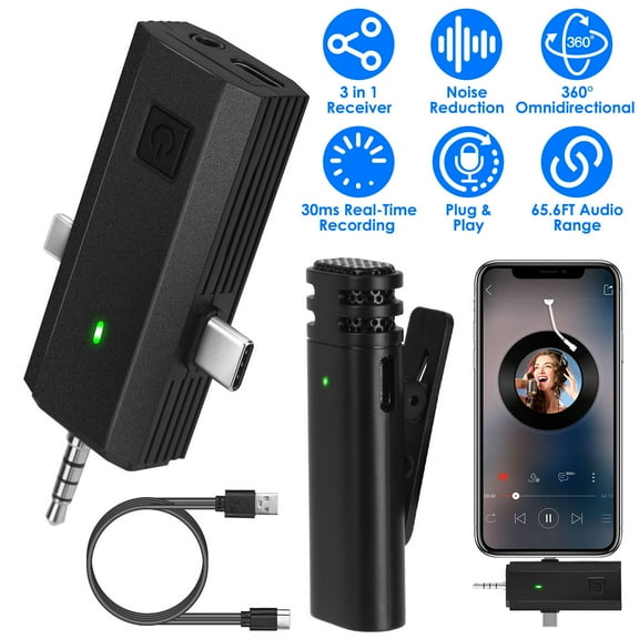 Wireless Clip On Microphone TeqHome Clip-on Wireless Microphone with Charging Case for Type-C IOS PC 6H Lapel Ultra-Long Battery Support 65.6FT Transmissionfor Video Record Interview Vlog