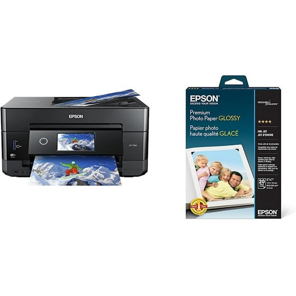 Wireless Color Photo Printer with Automatic Document Feeder, Scanner, and Copier; Black, Small + Premium Photo Paper; 68 Lbs, High Gloss; 5 X 7 Inches (20 Sheets)