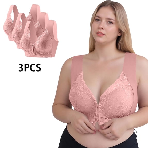 Wireless Comfy Bra for Women - 3Pc Women Lace Patchwork Bra Wireless Underwear Bra Everyday Underwear Pink Xl