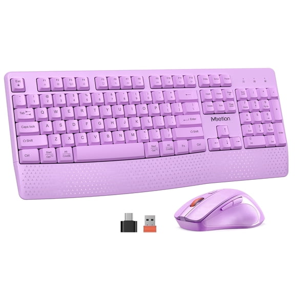 Meetion C4130 Wireless Keyboard and Mouse Combo with Wrist Rest, USB 2.4G Full-Size, Purple, for PC & Home Office