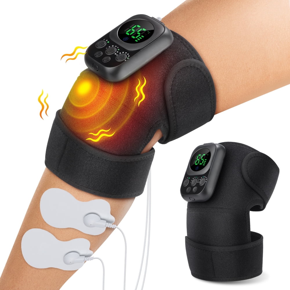 Cordless Heated Knee Massager, Portable 3-In-1 Heated Knee Elbow Shoulder Brace Wrap, 3 Vibrations and 6 Heating Modes Vibration Knee Heating Pad for Home Use (Black)
