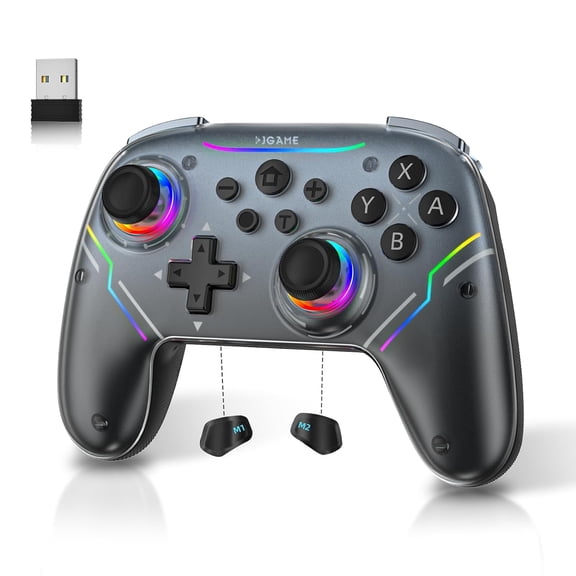 Wireless Controller Compatible with Switch/Switch 2/PC/Steam Deck Hall Effect Joysticks & Triggers/Wake-up/Turbo/RGB Lit/Programmable/Dual Vibration USB Bluetooth Adapter for PC (Black)