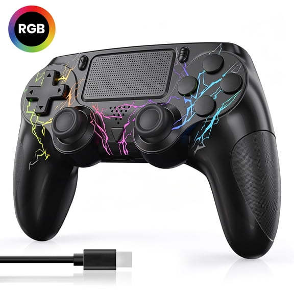 Wireless Controller for P4, Dual Vibration Joystick Gamepad for P4, RGB/6-Axis Gyro/Touchpad/Wake-Up/3.5mm Audio Jack, Work for P4/Slim/Pro, Black