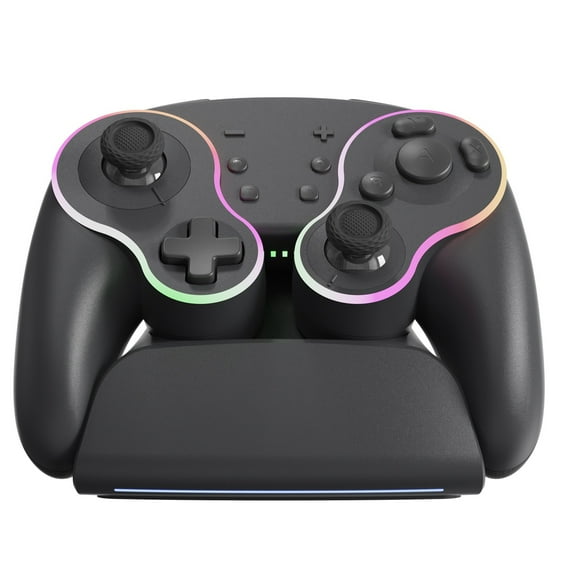 Wireless Game Controller with Rgb Lights, 6-Axis Gyroscope, Dual Motor Vibration, Turbo Function, Programmable, for Switch/PC/Android/iOS with Charging Base-Black