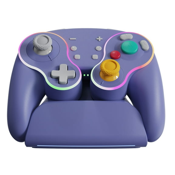 Wireless Game Controller with Rgb Lights, 6-Axis Gyroscope, Dual Motor Vibration, Turbo Function, Programmable, for Switch/PC/Android/iOS with Charging Base-Purple