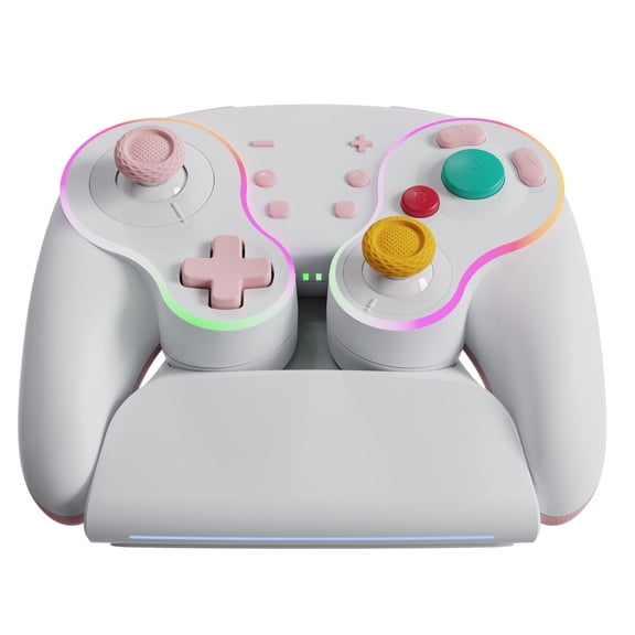 Wireless Game Controller with Rgb Lights, 6-Axis Gyroscope, Dual Motor Vibration, Turbo Function, Programmable, for Switch/PC/Android/iOS with Charging Base-White