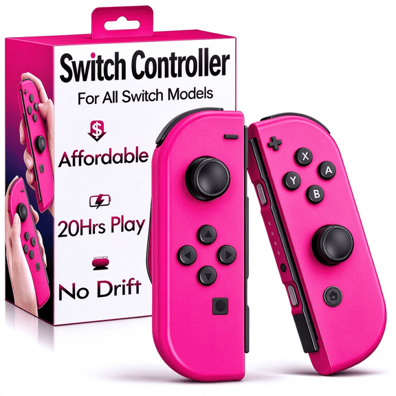 Wireless Controller Set for Switch, Left and Right Joypads, 6-Axis Gyro, HD Rumble, Wake-Up, Screenshot, 20 Hour Battery, No NFC, Neon Pink