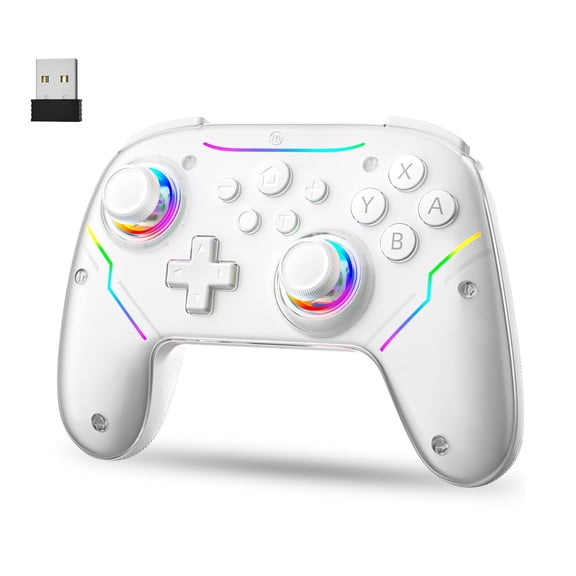 Wireless Controller for Switch 2/Switch/PC/Steam Deck Hall Effect Joysticks & Triggers/Wake-up Function Gamepad with RGB Lit /Turbo/Programmable/ Dual Vibration Bluetooth USB Adapter for PC (White)