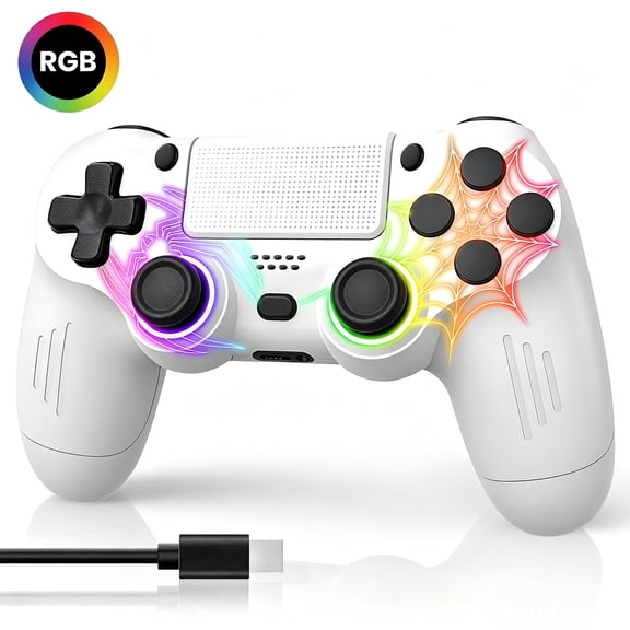 Wireless Controller for P4, Dual Vibration Joystick Gamepad for P4, RGB/6-Axis Gyro/Touchpad/Wake-Up/3.5mm Audio Jack, Work for P4/Slim/Pro, White