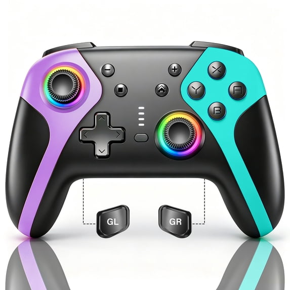 Wireless Switch Pro Controller Compatible with Switch / Switch Lite / Switch OLED / PC,Consloe 6-Axis Turbo Dual Vibration,Programmable with back buttons,Black (Purple + Green)