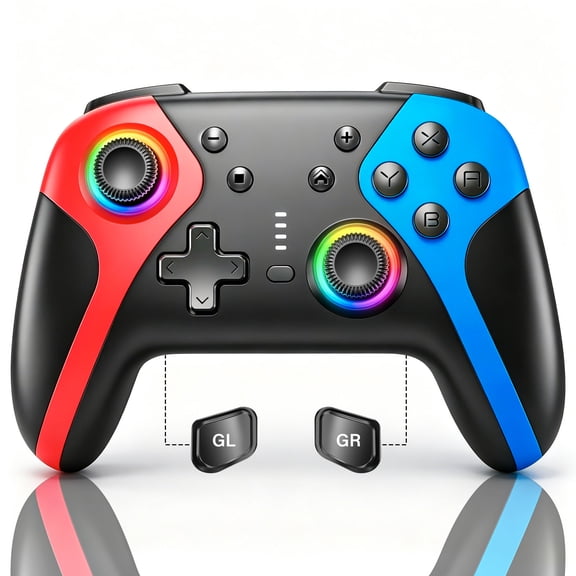 Wireless Switch Pro Controller Compatible with Switch / Switch Lite / Switch OLED / PC,Consloe 6-Axis Turbo Dual Vibration,Programmable with back buttons,Black (Red + Blue)