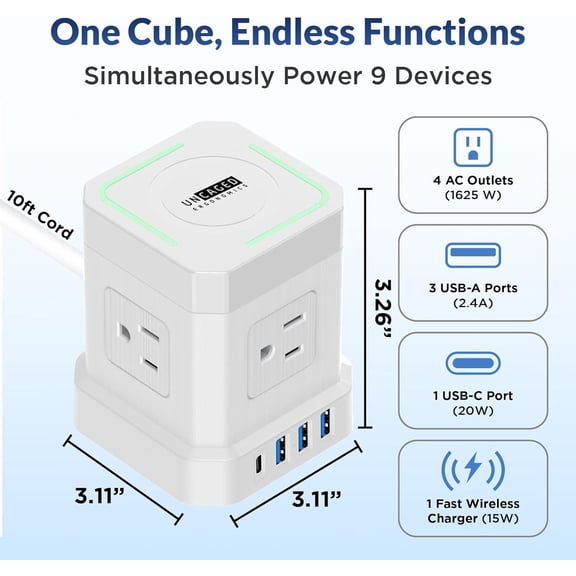 Wireless Cube Charger & Power Strip with USB Ports, Surge Protection, 10ft Extension Cord with Wireless Charger, 4 AC Plugs & 3 USB Ports, 1 C Fast Charging with On/Off Switch