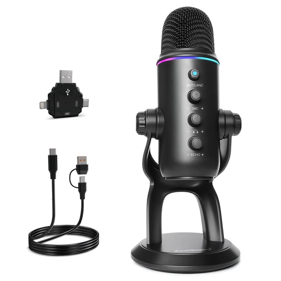 ZealSound Wireless USB Microphone for PC, Noise Reduction, Mute, Gain Control, RGB and Zero-Latency Monitoring for Podcasting, Streaming and Gaming