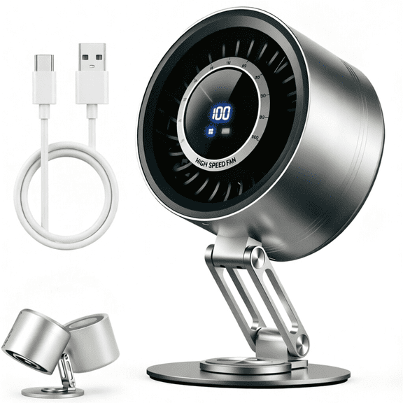 Yison Smart 12H Cordless Metal Desk Fan, USB Rechargeable Silent Table Air Circulator, Titanium Silver
