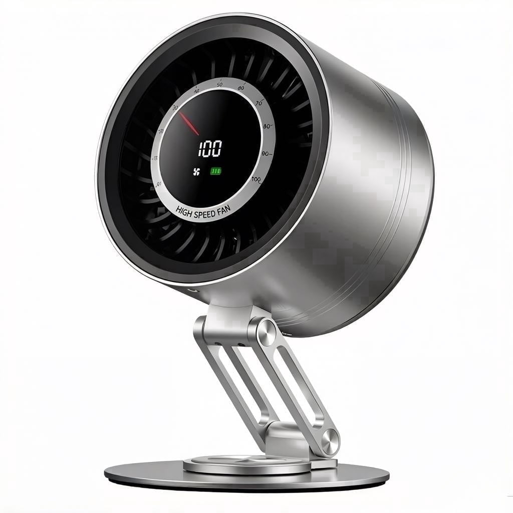 Yison Smart 12H Cordless Metal Desk Fan, USB Rechargeable Silent Table Air Circulator, Titanium Silver