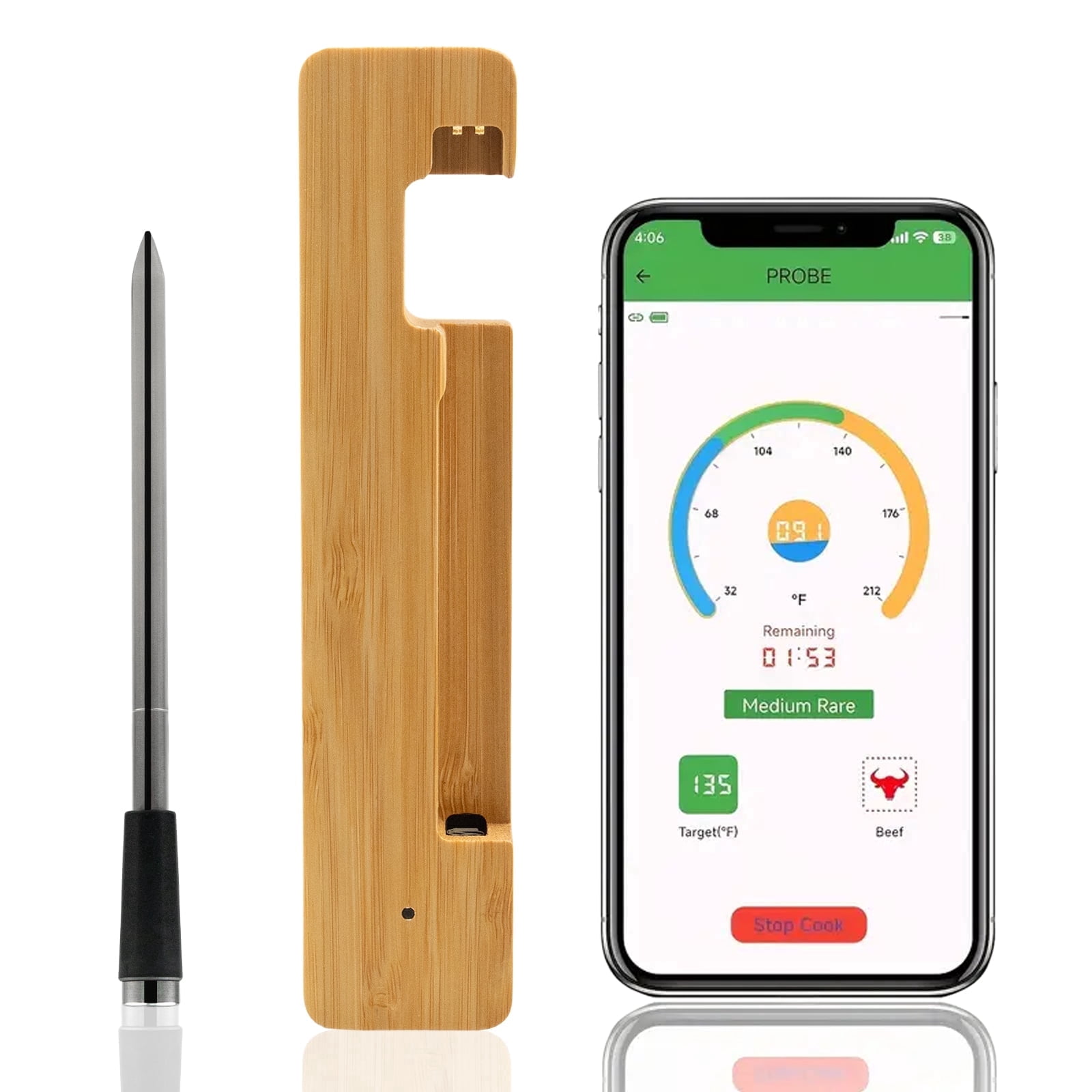 Wireless Digital Food Thermometer,Smart Bluetooth Meat Thermometer with App,656 Ft Range,Grill Thermometer For Outside,Single Probe