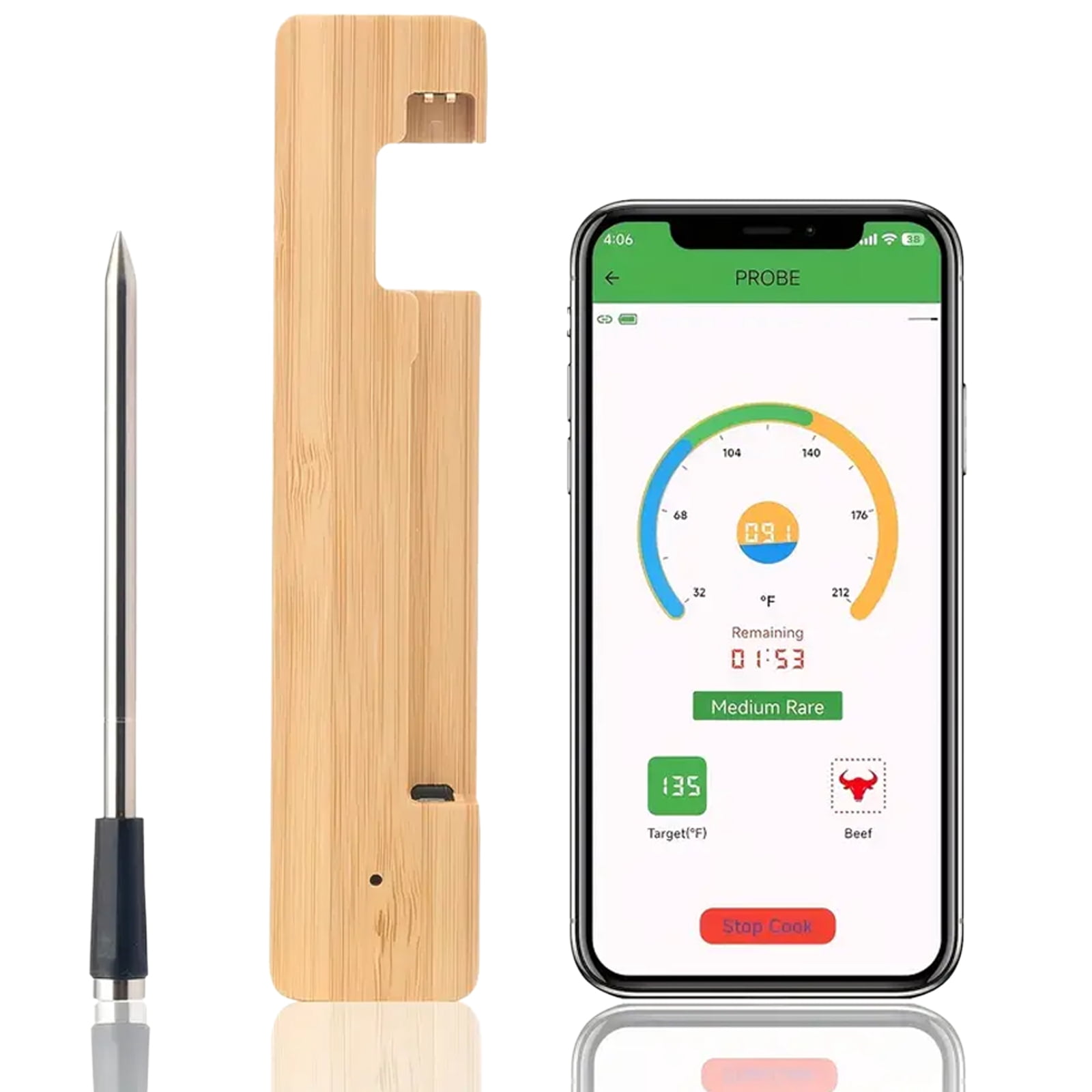 Wireless Digital Food Thermometer,Smart Bluetooth Meat Thermometer with App,656ft Remote Range,Grill Thermometer for Outdoor(Single Probe)