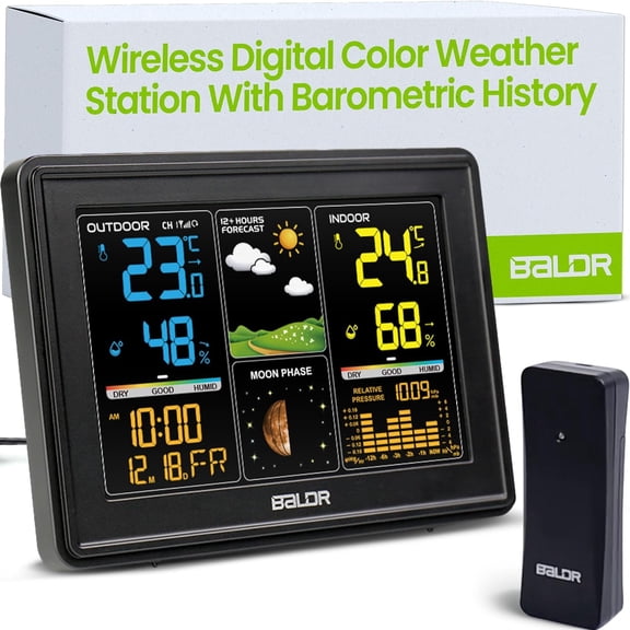 Wireless Digital Weather Station - Indoor Outdoor Thermometer Wireless Home Weather Station with Remote Sensor, Atomic Alarm Clock, Moon Phase & Barometric History Display, Weather Clock