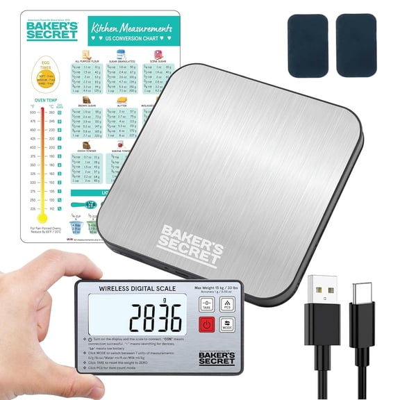 Baker's Secret Kitchen Scale 33lbs Wireless Display, 2X Magnets Support, USB-C Charging Compatible, Magnetic Conversion Chart Included, Extra Accurate and Easy to Use, Silver