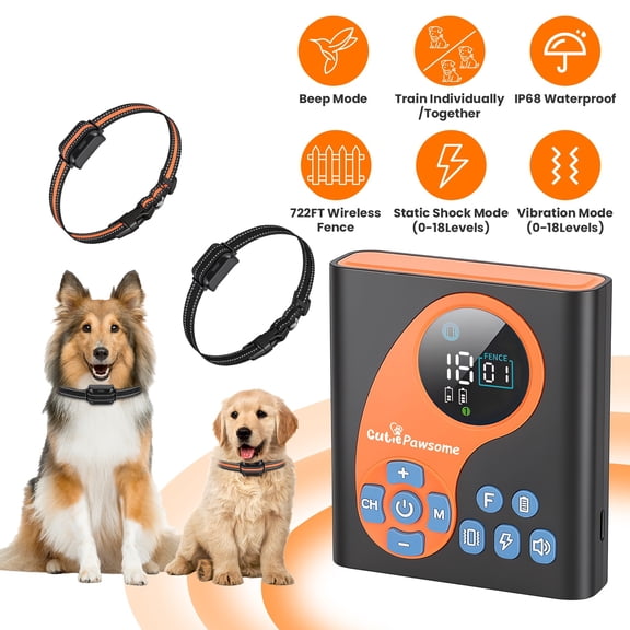 Wireless Dog Fence Dog Training Collar 2 In 1 Wireless Dog Fence System with 2 Training Collars Invisible Fence IP68 Waterproof 722FT Adjustable Range Beep Vibration Static Shock (2Collar)