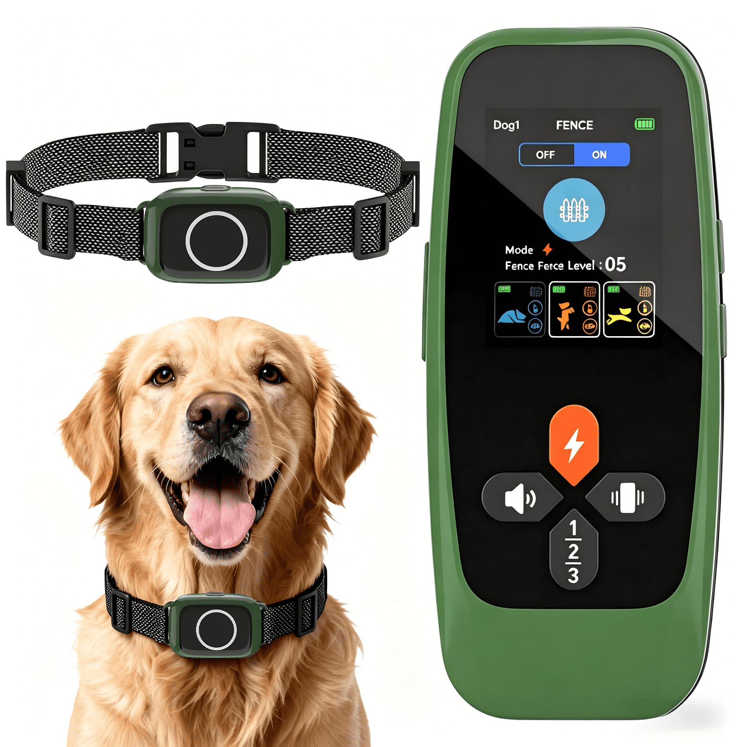 Wireless Dog Fence System，4-in-1 Electric Dog Training Collar with Remote, Bark Control, Status Monitor IPX7 Waterproof Electric Fence for Medium Large Dogs Outdoor Use