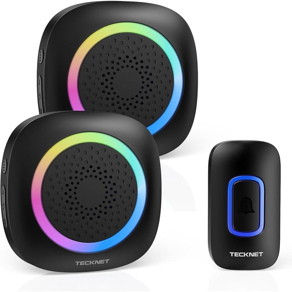 Wireless Doorbell with 2 Portable Receivers, Battery Powered Doorbell with RGB Light, IP66 Waterproof Door Chime Kit, 1300ft Wireless Range, 0-110dB & 60 Chimes, 36-Month Long Battery Life