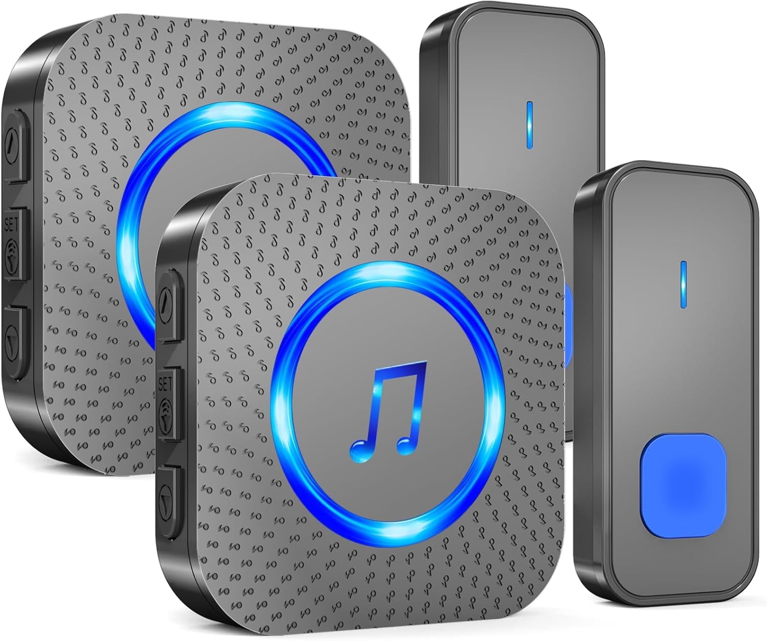 Wireless Doorbell with 2 receivers 2 Buttons,IP55 Waterproof Doorbell,1300 FT/400M Remote Doorbell,55 Chimes 5 Volume,Colorful LED Flashing,110 db Loud Volume,For Home/Classroom