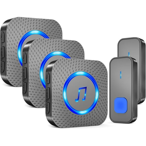 Wireless Doorbell with 3 receivers 2 Buttons,IP55 Waterproof Doorbell,1300 FT/400M Remote Doorbell,55 Chimes 5 Volume,Colorful LED Flashing,110 db Loud Volume,For Home/Classroom