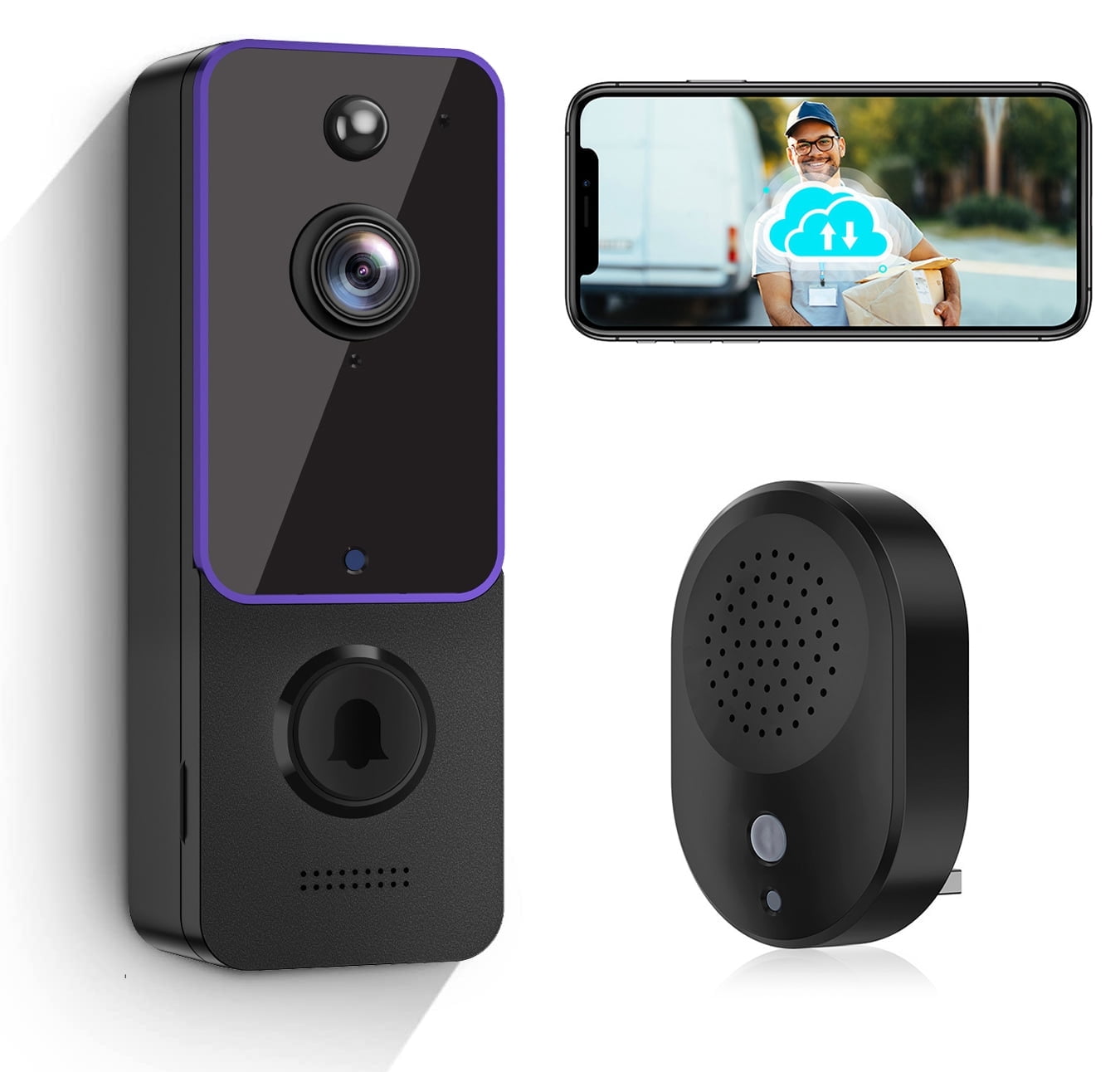 Wireless Doorbell Camera, Smart WiFi Video Doorbell with Chime, 2-Way Audio, Night Vision, Cloud Storage, Battery Powered