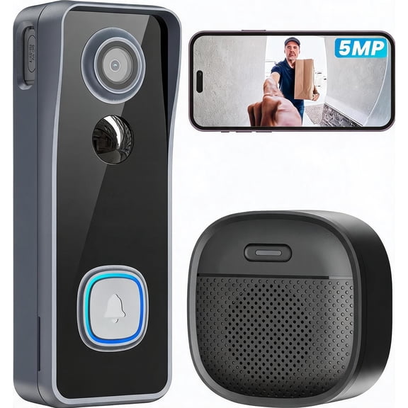 Wireless Doorbell Camera with 5MP Lens 166 View Night Vision PIR Motion Detection 2-Way Audio Indoor Chime Local Storage Black